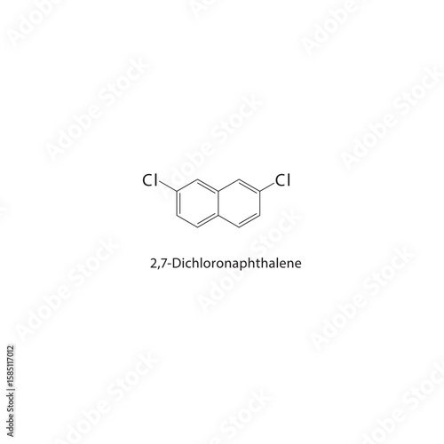 2,7-Dichloronaphthalene skeletal structure. halogen naphthalene compound schematic illustration. Simple diagram, chemical formula.