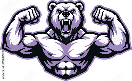 A muscular bear with open mouth flexes its arms, showing strength and aggression.