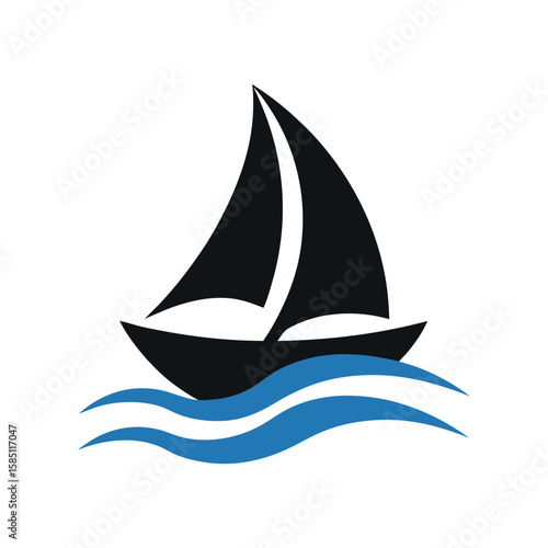 Sailboat icon in silhouette gliding on water for nautical or sea voyage themes