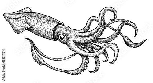 Detailed monochrome drawing of a squid with curved tentacles and intricate patterns