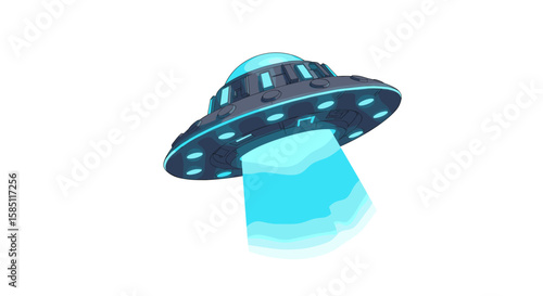 Futuristic ufo with blue light beam emitting from hovering spacecraft