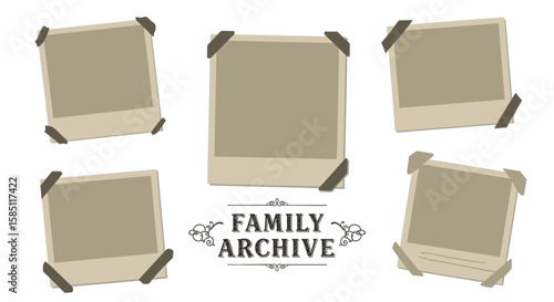 Vintage blank photo frames with adhesive tape and family archive text
