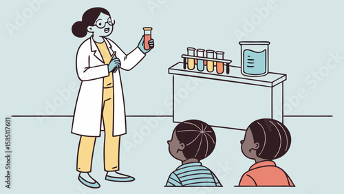 A scientist in a lab coat is showing a test tube to two children in a classroom setting.