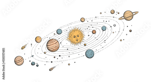 Hand drawn solar system with planets and sun in orbit