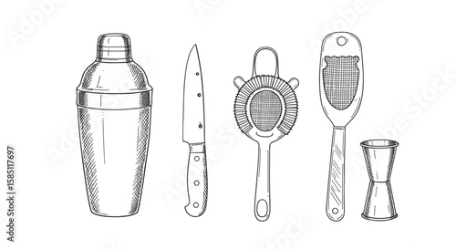 Hand drawn bar tools set featuring cocktail shaker, knife, strainer, grater, and jigger