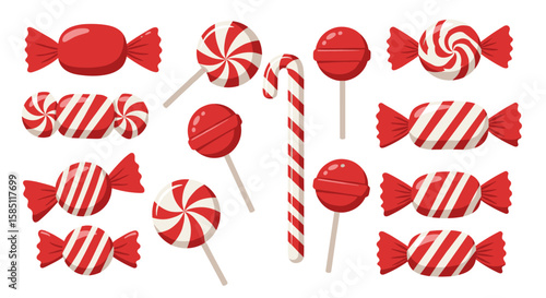 Festive red and white candy collection on white background