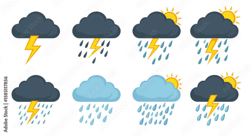 Obraz premium Weather icons set: stormy clouds, lightning, rain, and sun