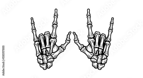 Skeleton rock hand gesture in detailed black and white