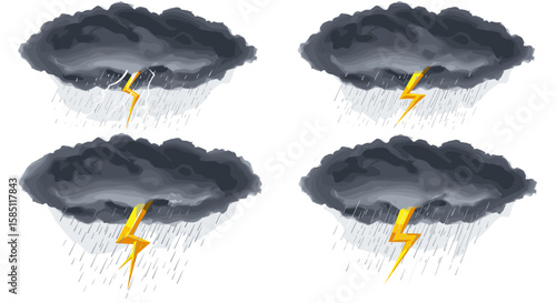 Storm clouds with lightning strikes and rain in seamless pattern