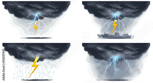 Dynamic thunderstorm scenes with lightning and rain under dark clouds