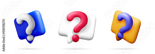Collection of 3d chat bubbles with question marks. Vector graphic illustration for faq, helpdesk support, and online assistance concept.