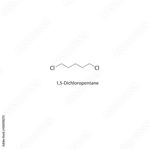 1,5-Dichloropentane skeletal structure. halogen alkane compound schematic illustration. Simple diagram, chemical formula.