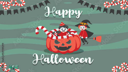 Cartoon halloween scene with characters pumpkin candy canes and festive decorations displayed nicely