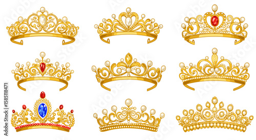 Nine elegant gold crowns with gemstones on white background