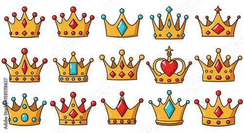 Collection of crown designs with gems in cartoon style
