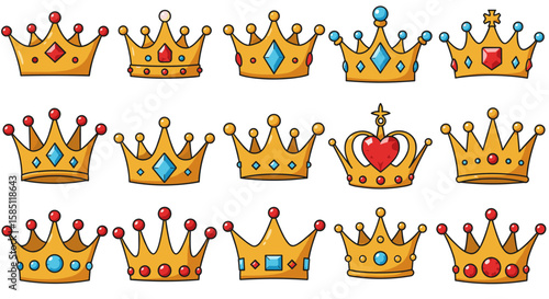 Collection of cartoon golden crowns with gemstones and decorative elements