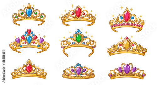 Collection of elegant gold tiaras adorned with colorful gemstones and sparkles