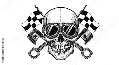 Racing skull with goggles and checkered flags in monochrome design