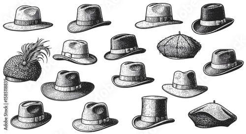 Vintage hat collection with detailed line art depictions featuring classic and unique styles