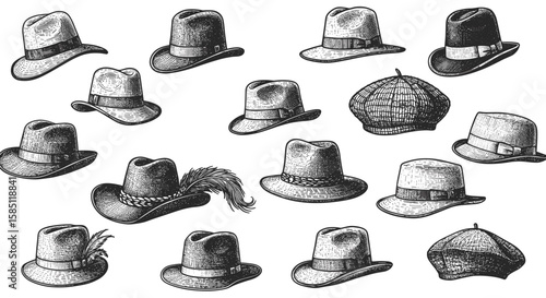 Collection of vintage hats in classic sketch style