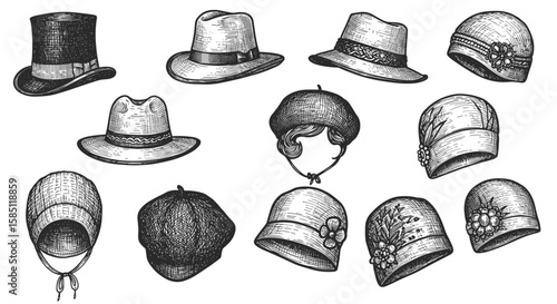 Vintage hat collection: classic hand-drawn retro headwear designs for fashion enthusiasts