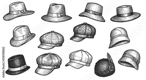 Vintage hat collection featuring wide brimmed, fedora, and baseball cap designs