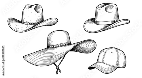 Hand drawn collection of cowboy and sun hats featuring vintage style