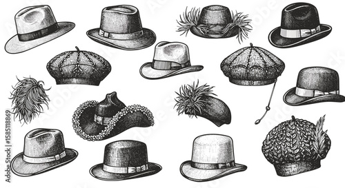 Vintage hat collection: intricate hand-drawn classic headwear designs