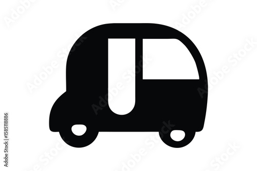 Silhouette of a three-wheeled auto rickshaw, featuring a rounded roof, enclosed driver area, and two distinct wheels at the back. The design is simplistic and bold, rendered entirely in black.