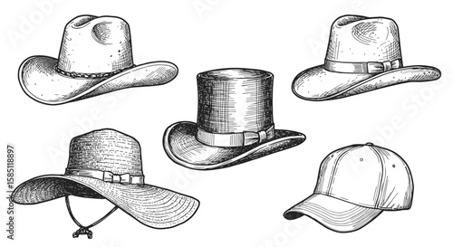 Hand drawn collection of various hats including cowboy, top, sun, and baseball caps