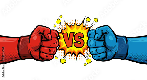 Comic style red and blue fists clash with explosive vs symbol