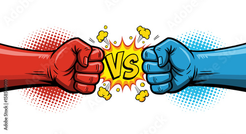 Dynamic comic style red vs blue fist battle with explosive effect