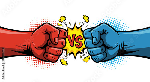 Dynamic pop art punch clash: blue vs red fists in explosive comic style battle
