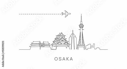 Osaka skyline with Japan Landmark, Travel, and Line art.