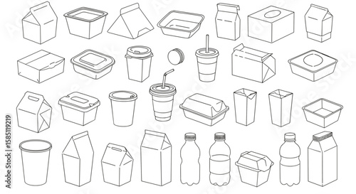 Outline collection of takeout containers and bottles for food and drinks