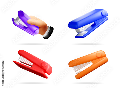 3D vector illustration set of colorful staplers for office and school supply designs. Fun stationery icons for education and business.