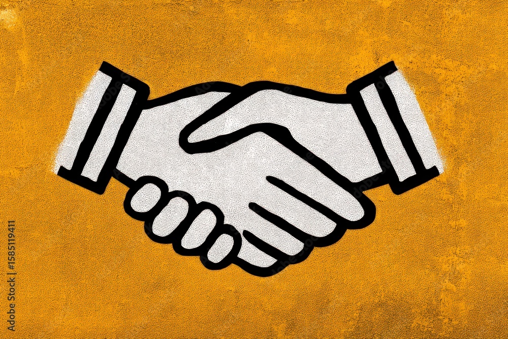 Obraz premium Dynamic visual representation of two hands engaged in a firm handshake symbolizing agreement trust cooperation and partnership displayed against a bold textured orange backdrop emphasizing