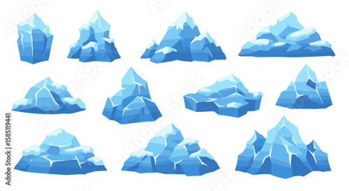 Cartoon icebergs set with snowy peaks and blue tones