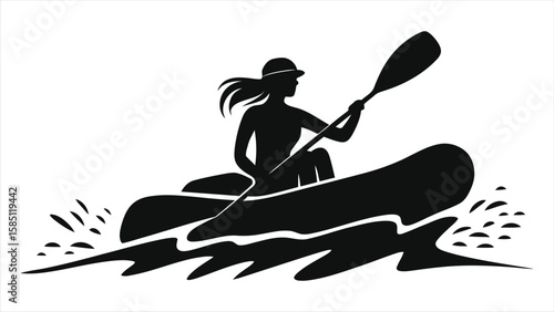 Female Kayaker/Canoeist Silhouette - Outdoor Water Sports & River Adventure Vector.
