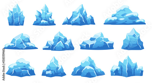 Collection of cartoon icebergs in various shapes and styles with snow caps