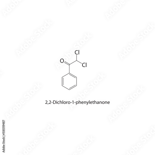 2,2-Dichloro-1-phenylethanone skeletal structure. halogen ketone compound schematic illustration. Simple diagram, chemical formula.