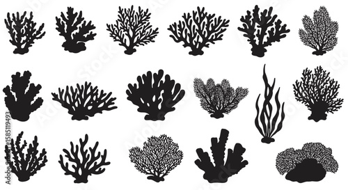 Silhouette collection of coral reef varieties for ocean conservation designs