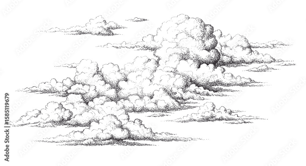 Detailed black and white stipple art of cumulus clouds against white background