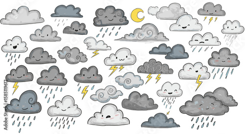 Playful cartoon clouds with faces and weather elements