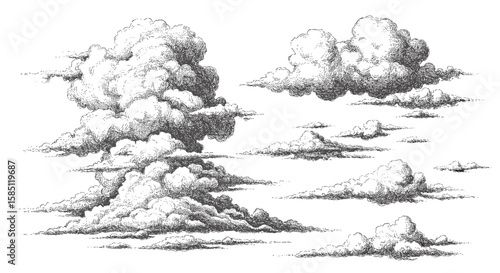Intricate vintage clouds in engraved style with detailed texturing