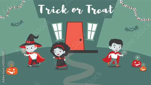 Cartoon illustration of children trick or treating in costumes at a house on halloween night