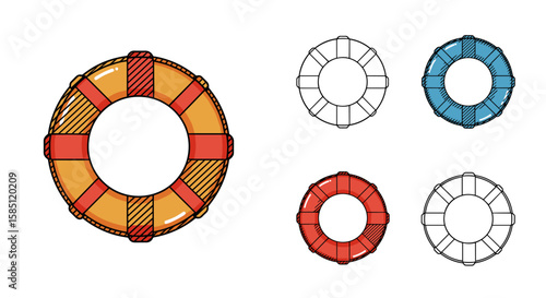 Colorful lifebuoy set: detailed, outline, and flat designs for nautical themes