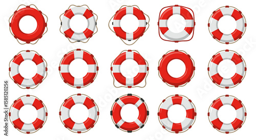 Various lifebuoy designs in nautical theme with red and white patterns