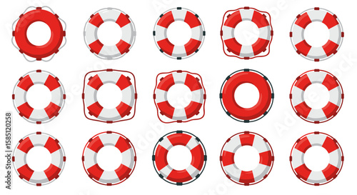 Variety of red and white lifebuoy rings on white background