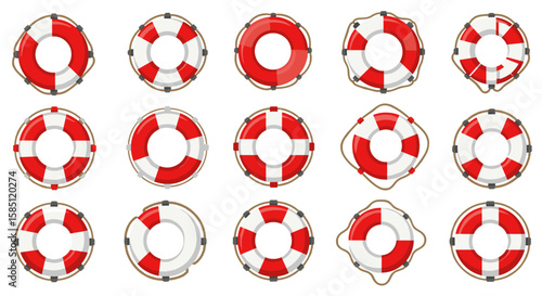 Diverse life rings collection: red and white buoy designs with ropes and hoops